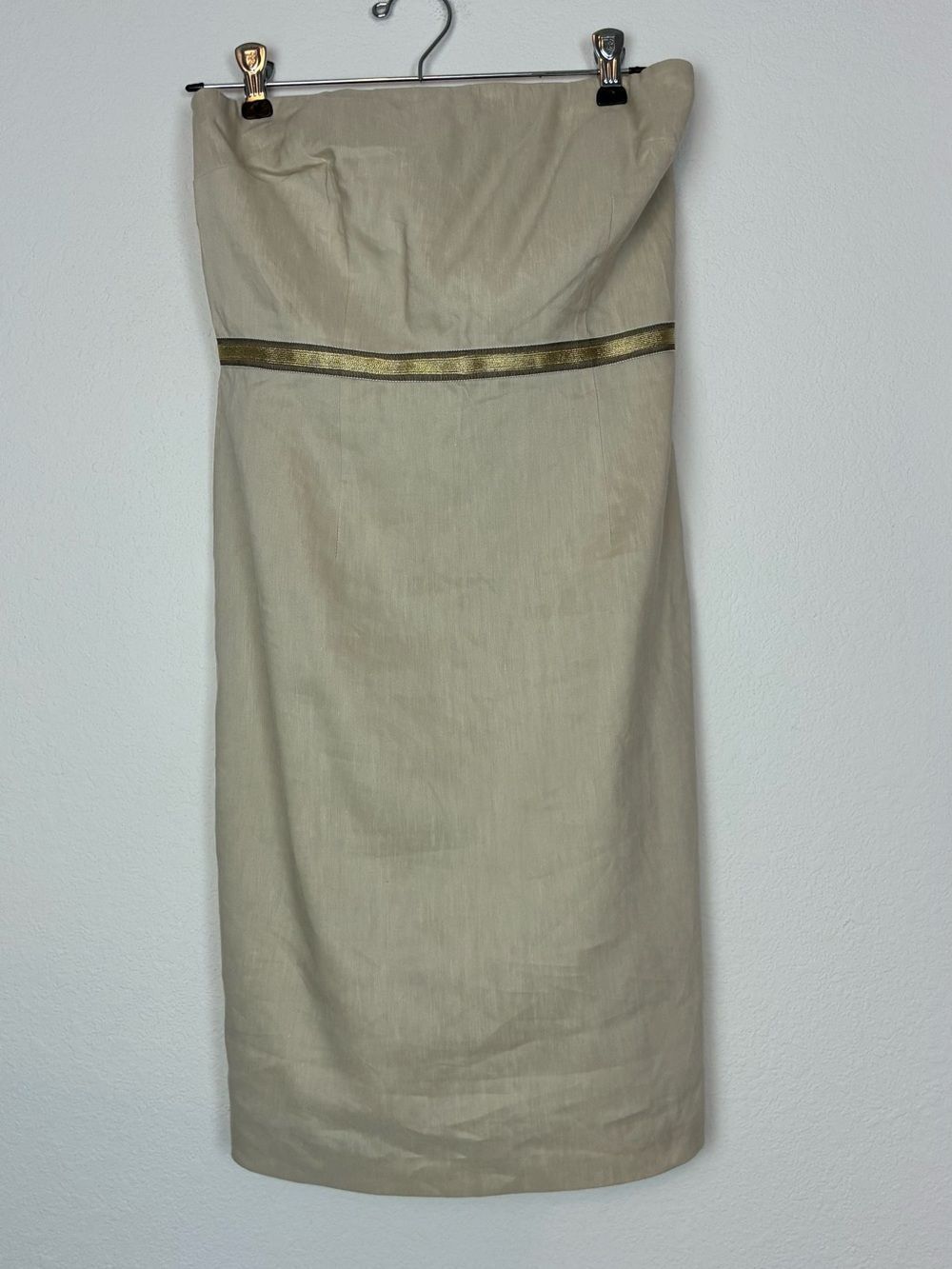 Lela Rose Loft Strapless Beige Linen-Blend Dress with Gold Metallic Waist Trim